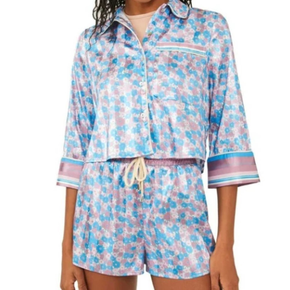 Free People Blue & Pink Floral Satin Pajama Set